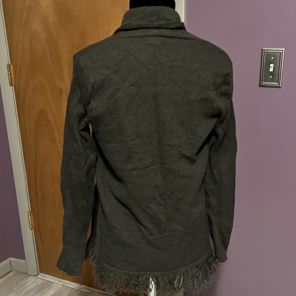 Avellini Merino Wool Long Fringed Cardigan with Draped Neckline in Olive - Picture 2 of 3